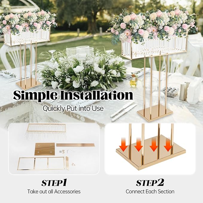 Tall Crystal Flower Stand for Wedding Centerpieces – 28" x 12" Gold Metal Pedestal with Sparkling Crystal Pendants, Elegant Flower Vase Stand for Tables, Parties, Banquets & Event Decorations