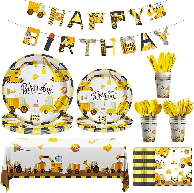 Construction Birthday Decorations, 170 Pcs Construction Birthday Party Supplies Including Banner, Plates, Cups, Napkins, Cutlery and Tablecloths, Serves 24