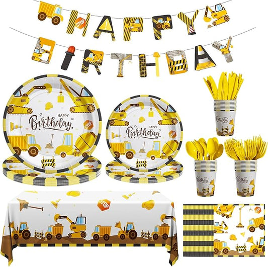 Construction Birthday Decorations, 170 Pcs Construction Birthday Party Supplies Including Banner, Plates, Cups, Napkins, Cutlery and Tablecloths, Serves 24