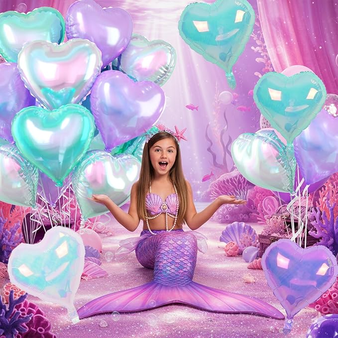 Iridescent Heart Balloons, 10 Pcs Crystal Heart Shaped Balloon, 18 Inch Transparent Gradient Blue Purple Foil Balloons for Engagement Brithday Baby Shower Wedding Valentines Mermaid Party Decoration