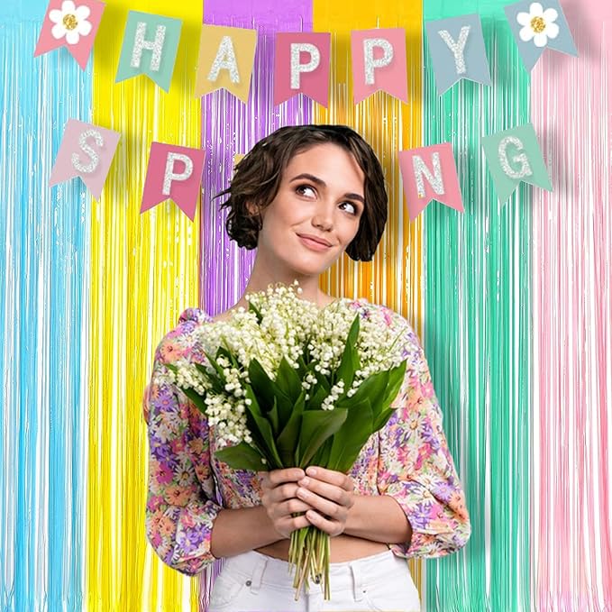 BRAVESHINE Tinsel Foil Fringe Curtains - 2Pcs 3.2x8.2ft Pastel Colourful Photo Backdrop for Christmas New Years Princess Birthdays Easter Bunny Bridal Shower Fairy Kids Candy Donuts Party Decorations