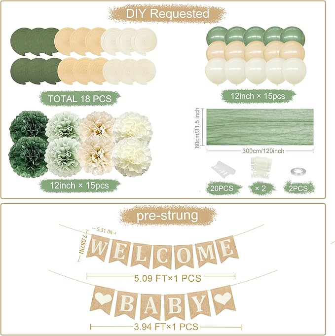 Baby Shower Party Decorations Kit Welcome Baby Heart Burlap Banner with Sage Green Tissue Flowers Pom Pom Felt Swirl Cheesecloth Table Runner Balloons for Neutral Party Decorations Supplies