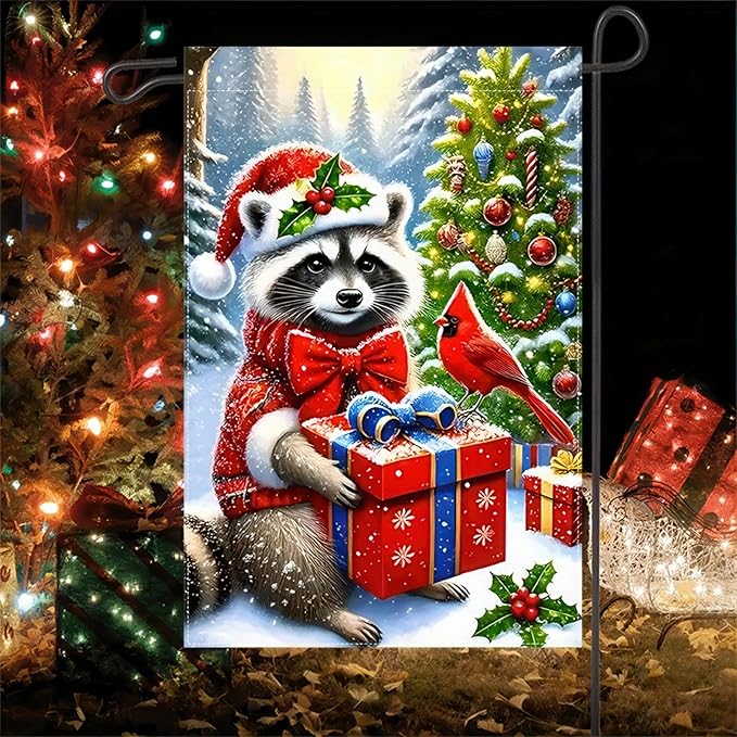 Christmas Garden Flag Double Sided 12x18 Flag Winter Raccoon Flag Cute Raccoon In Santa Hat Cardinal Bird And Festive Gift Boxes Charming Holiday Outdoor Decorations Great For Home Banner