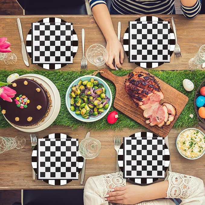 40Pcs Race Car Party Supplies Paper Plates and Napkins, 9 Inch Disposable Black White Checkered Flag Plates and Napkins for Race Car Birthday Party Decorations (Checkered)
