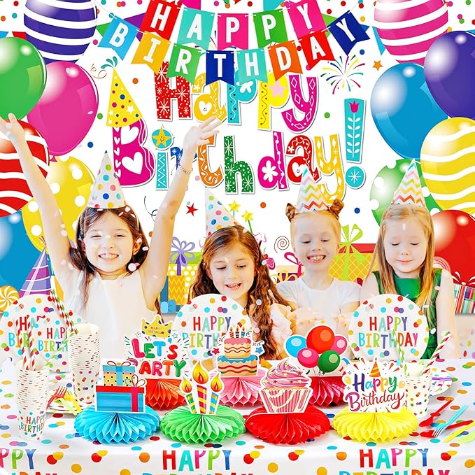 Happy Birthday Decorations- 170pcs Birthday Party Supplies Kit with Colorful Honeycomb Centerpieces for Tables, Banner, Backdrop Cloth, Disposable Tableware Kit for Boys Girls, Serves 20