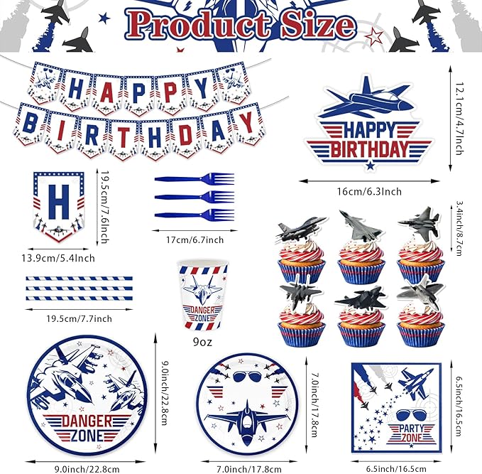 163PCS Air Force Party Fighter Jet Pilot Birthday Party Decorations ,Top Party Supplies Gun Plates and Napkins Military Jet Tableware,Banner, Hanging Swirls, Tablecloth, the Danger Zone Cake Topper