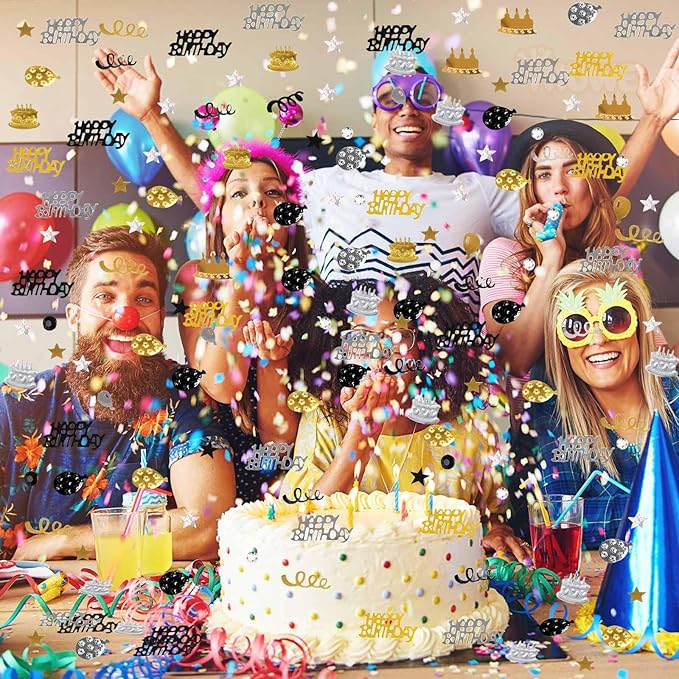 VHUWE Happy Birthday Confetti, 1.6 oz Black Gold Silver Cake Balloon Star Goblet Bottle Glitter Confetti for Happy Birthday Party Decorations Boys Girls Kids Women Men Birthday Table Decorations