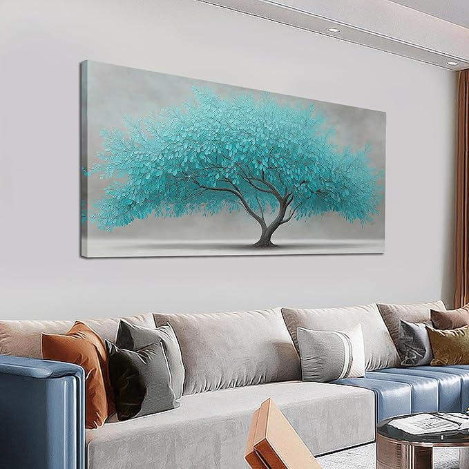 Tree of Life Wall Art for Living Room Bedroom Teal Blue Nature Print Picture Painting Large Framed Wall Decor for Bathroom Office Modern Home Botanical Landscape Wall Decorations Artwork Size 24x48 Ready to Hang