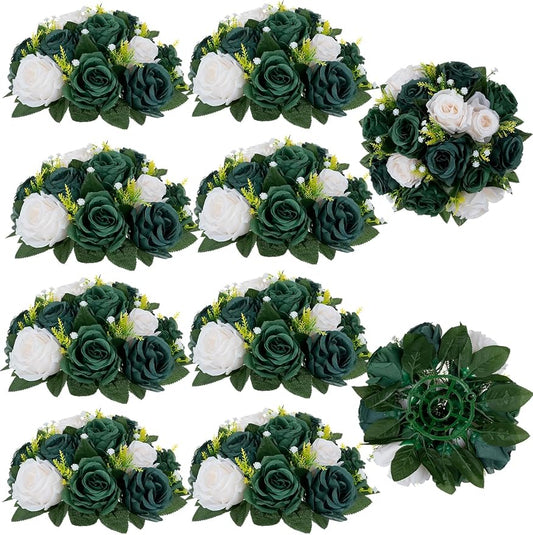 BLOSMON Green Flowers Artificial for Weddings: 10 Pcs Fake Rose Flower Balls for Table Decorations - Fake Silk Kissing Bouquet Floral Arrangement for Home Party Event Decoration