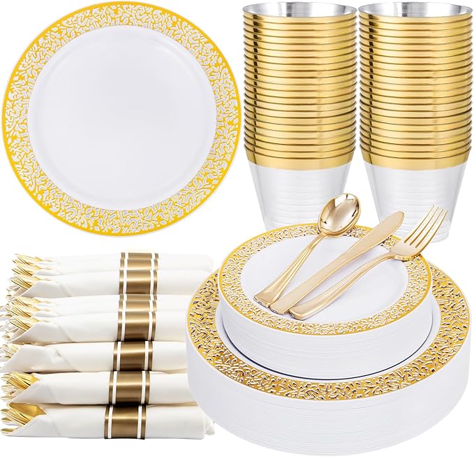 WELLIFE 175Pcs Gold Dinnerware Sets, Include:25 Dinner Plates, 25 Dessert Plates, 25 Paper Napkins, 25 Cups, 25 Plastic Cutlery Set