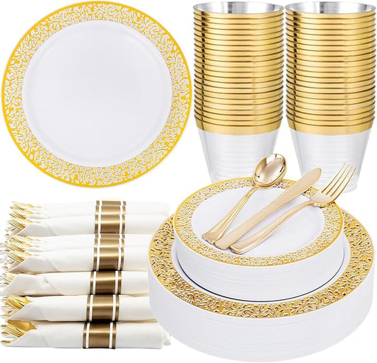 WELLIFE 175Pcs Gold Dinnerware Sets, Include:25 Dinner Plates, 25 Dessert Plates, 25 Paper Napkins, 25 Cups, 25 Plastic Cutlery Set