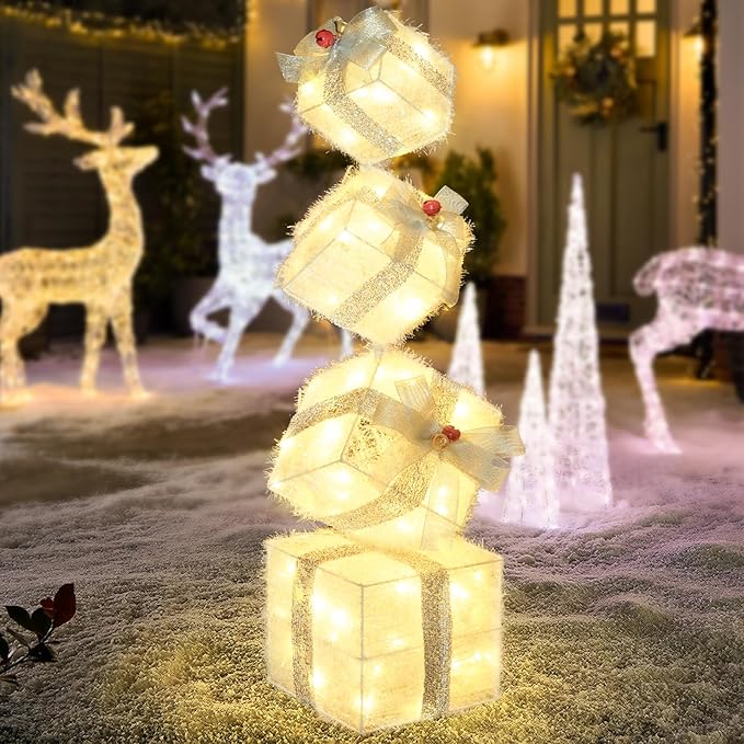 Christmas Lighted Gift Boxes Decorations Set of 4, 3.6Ft Stackable Christmas Nesting Boxes Battery Operated with Timer for Home and Party Decoration