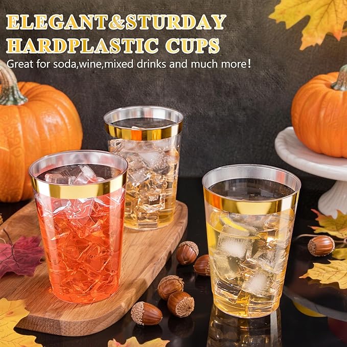 Ciaell 120PCS Gold Plastic Cups - 12Oz Heavy Duty Plastic Cup - Disposable Gold Rimmed Cups - Premium Gold Rim Cup Perfect for Wedding & Party & Thanksgiving