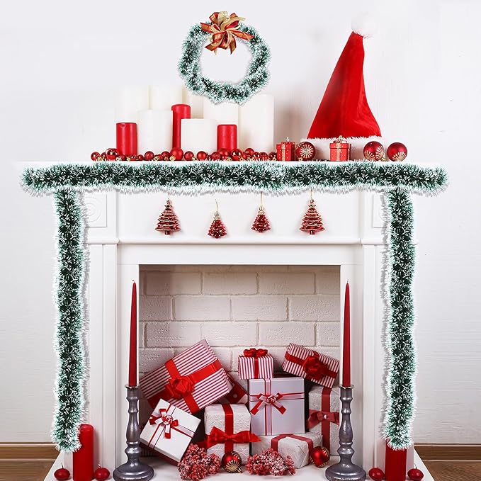 50FT Green White Christmas Tinsel Garland, Metallic Twist Xmas Garland for Christmas Tree Decorations, Holiday Hanging Garlands for Mantel Staircase Fireplace Indoor Outdoor Home Party Decor