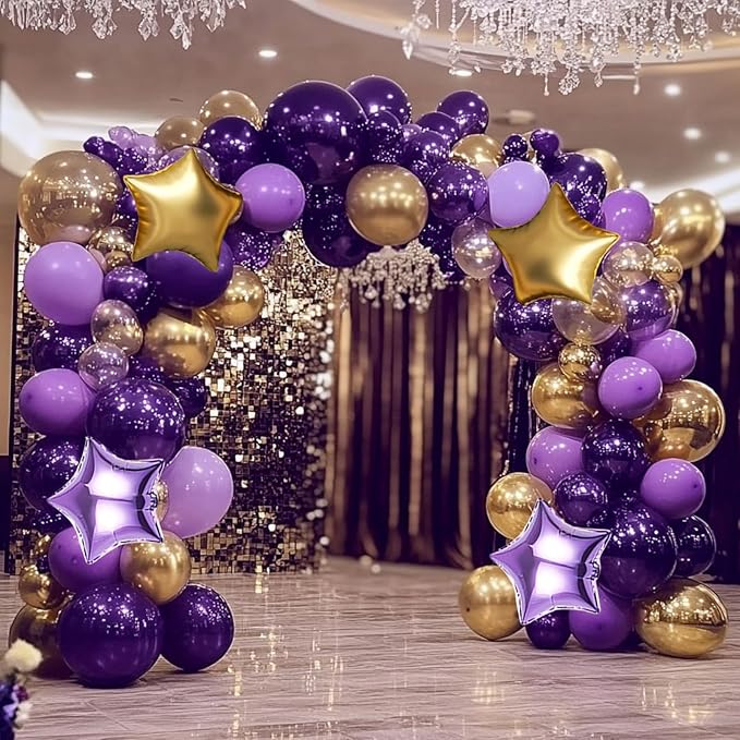 Dusty Purple and Gold Balloon Garland Arch Kit, 160Pcs Dusty Purple Light Purple Gold Latex Balloons with Star Foil Balloons for Graduation Wedding Baby Shower Anniversary Birthday Party Decorations