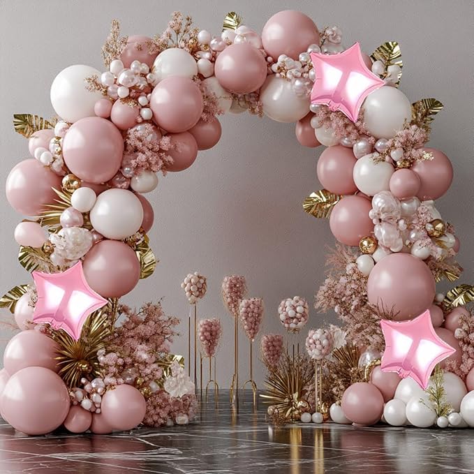 Pink White and Gold Balloon Garland Arch Kit, 160Pcs Pink White Rose Gold Chrome Gold Latex Balloons with Star Foil Balloons for Baby Bridal Shower Wedding Valentine’s Day Birthday Party Decorations