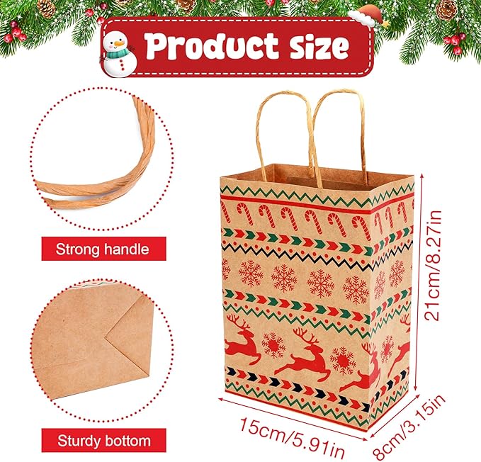 EUBUY 96 Pcs Christmas Kraft Gift Bags Bulk Xmas Holiday Paper Gift Bags, Holiday Paper Goody Treat Candy Bag for Xmas Decor Supplies Classrooms Wedding and Party Favors