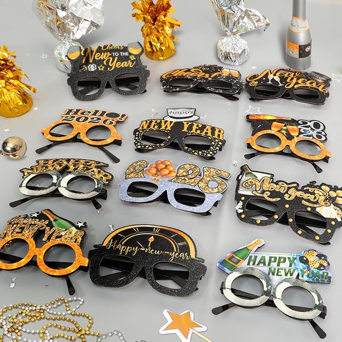 Mega-L 12 Pcs Happy New Year Eyeglasses, 2026 New Year Glasses, New Year Party Supplies Favors, Black Gold Silver Glitter New Year Photo Booth Props for Eve Party Celebration Decorations 2026