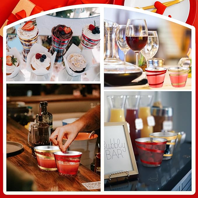 Gejoy 9 oz Rimmed Swirl Plastic Cups Disposable Wine Drinking Cups Clear Elegant Halloween Tumblers for Christmas Party Supplies(Red, Gold,100 Pcs)