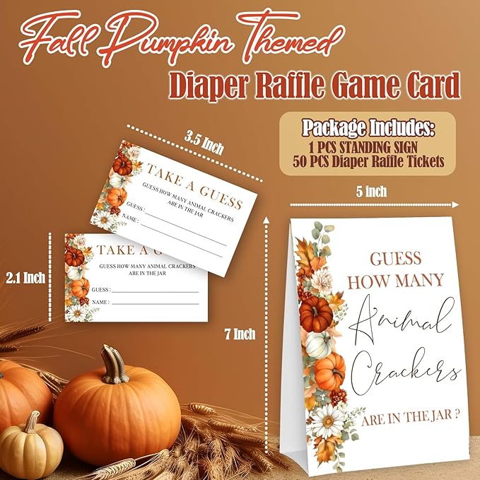 Little Pumpkin Guess How Many Animal Crackers - Thanksgiving Baby Shower Card Set (1 Sign With 50 Guess Cards), Fall Gender Reveal Party Favor Supplies -A14