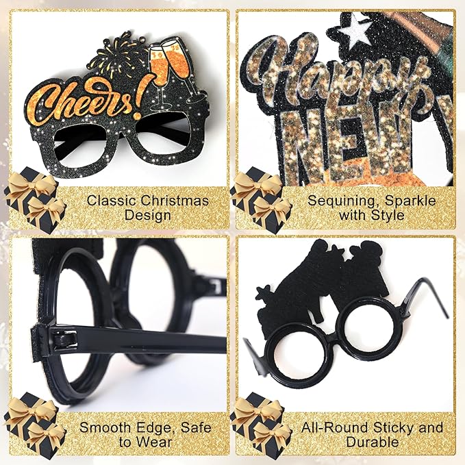 Mega-L 12 Pcs Happy New Year Eyeglasses, 2026 New Year Glasses, New Year Party Supplies Favors, Black Gold Silver Glitter New Year Photo Booth Props for Eve Party Celebration Decorations 2026