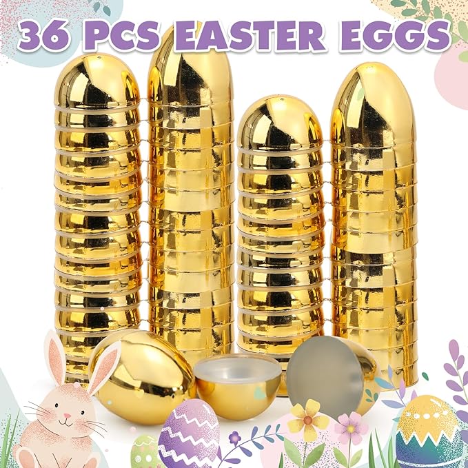 Skirfy 3.15" Easter Eggs, Fillable Goldeb Eggs Empty Eggshells with Hinge for Easter Hunt, Filling Treats, Party Favor, Basket Stuffers, Classroom Prize Supplies, 36PCS