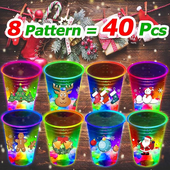 mishunyus 40 Pcs Christmas Party Cups, Glow Christmas Flashing Theme Cups, for Holiday Party Supplies, for Nighttime Fun, BBQ, Christmas Decor, with 8 pattern