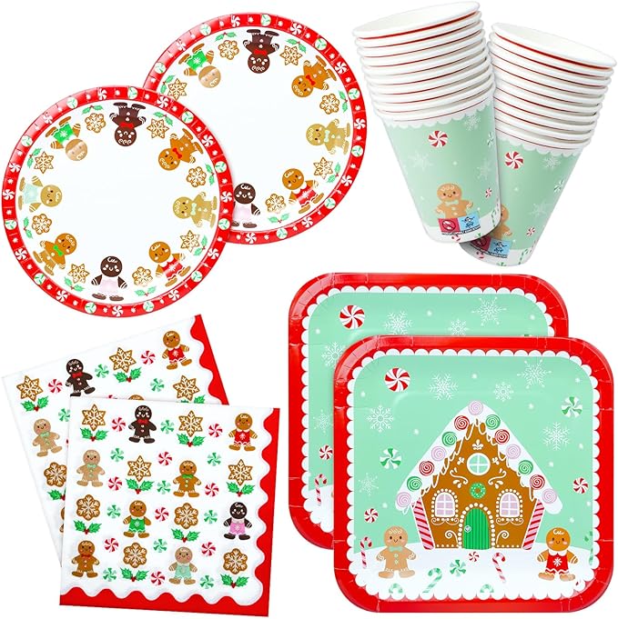 100 Christmas Party Paper Plates Napkins and Cups Set Gingerbread Disposable Dinnerware Set