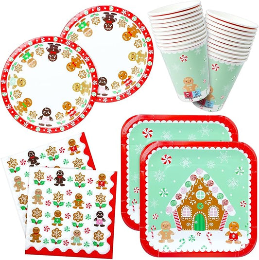 100 Christmas Party Paper Plates Napkins and Cups Set Gingerbread Disposable Dinnerware Set
