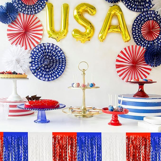 6 Pack 10 Feet White Blue Red Wave Foil Fringe Garland Metallic Tinsel Streamers Banner Wall Hanging Curtain Backdrop for Parade Floats, Mother's Day, Easter, Wedding, Birthday Party Decoration