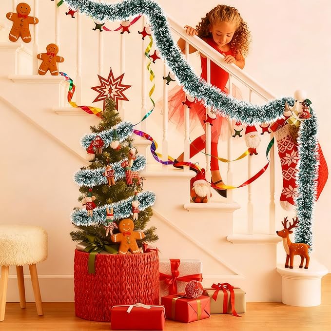 50Ft Christmas Tinsel Garland, Dark Green Snowflake Metallic Twist Garland for Xmas Tree Decorations, Tinsel for New Year Party Ceiling Hanging Decorations Indoor and Outdoor Decor