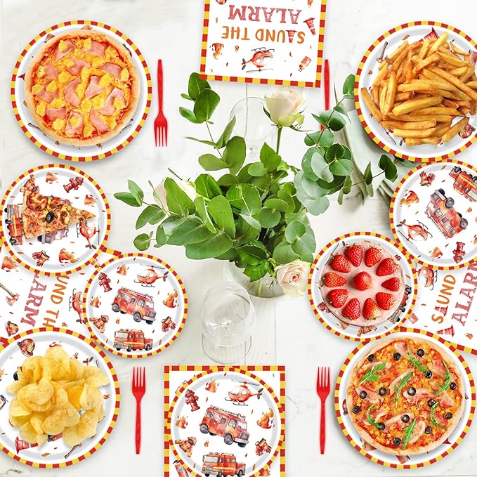 96Pcs Firetruck Birthday Party Decorations for 24 Guests - Disposable Tableware Firetruck Party Supplies Plates and Napkins Forks for Boys Baby Shower Birthday Decorations