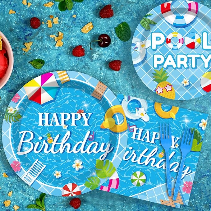 96 Pieces Pool Birthday Party Tableware Set for Summer Beach Table Decorations Supplies Beach Ball Dessert Plates Summer Pool Party Napkins Forks for 24 Guests Hawaiian Birthday Party Favors