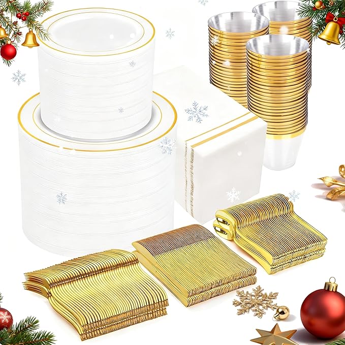 GATHER 700PCS Gold Plastic Plates - Whtie and Gold Disposable Dinnerware Sets 100Guest - 200 Disposable Plate, 300 Plastic Silverware, 100 Cups, 100 Napkins for Wedding & Party & Christmas