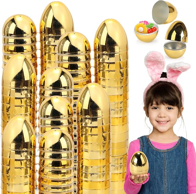 Skirfy 24PCS Golden Easter Eggs, Empty 3.15" Golden Eggs Bulk Fillable for Easter Hunt Party Favor Basket Stuffers Filler Classroom Prize Supplies Decor