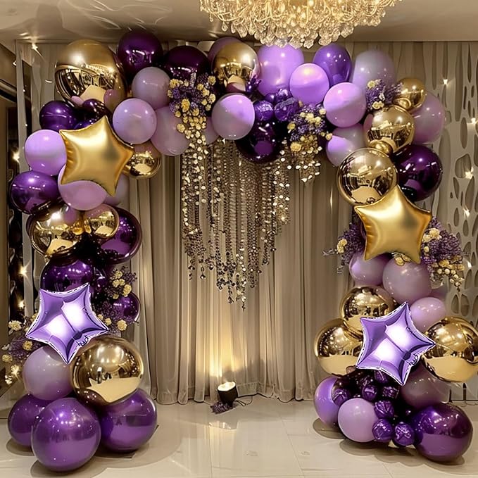 Dusty Purple and Gold Balloon Garland Arch Kit, 160Pcs Dusty Purple Light Purple Gold Latex Balloons with Star Foil Balloons for Graduation Wedding Baby Shower Anniversary Birthday Party Decorations