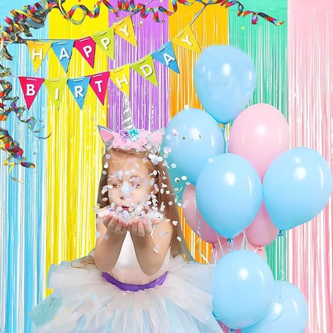 BRAVESHINE Tinsel Foil Fringe Curtains - 2Pcs 3.2x8.2ft Pastel Colourful Photo Backdrop for Christmas New Years Princess Birthdays Easter Bunny Bridal Shower Fairy Kids Candy Donuts Party Decorations