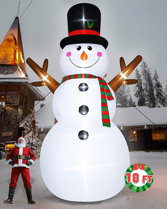 18FT Christmas Inflatable Snowman, Super Large Blow Up Snowmen Outdoor Decor with LED Lights, Waterproof Giant Snowman Yard Decoration for Holiday, Xmas Party, Garden