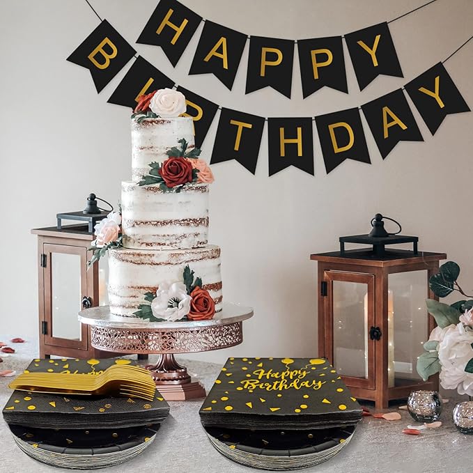 Serves 35 Guests Happy Birthday Paper Plates Party Supplies,7 Inch Black and Gold Happy Birthday Disposable Paper Plates Napkins Forks Tablecloths Banner for Party Decorations