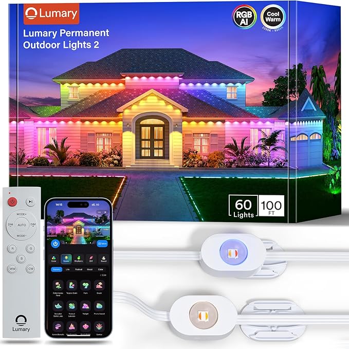 Lumary Permanent Outdoor Lights 2 with Remote, Slide-Base, 100ft with 60 RGBAICW LEDs for House Daily & Accent Lighting, 110+ Scene Modes for Christmas Outdoor Decor, Work with Alexa Google, White