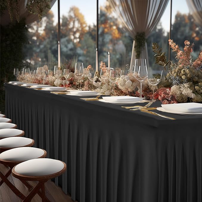 1 Pack Black Table Clothes for 6 Foot Rectangle Tables, One-Piece Wrinkle Resistant Stretch Spandex Table Covers with Skirt for Event Banquet Wedding Birthday Party