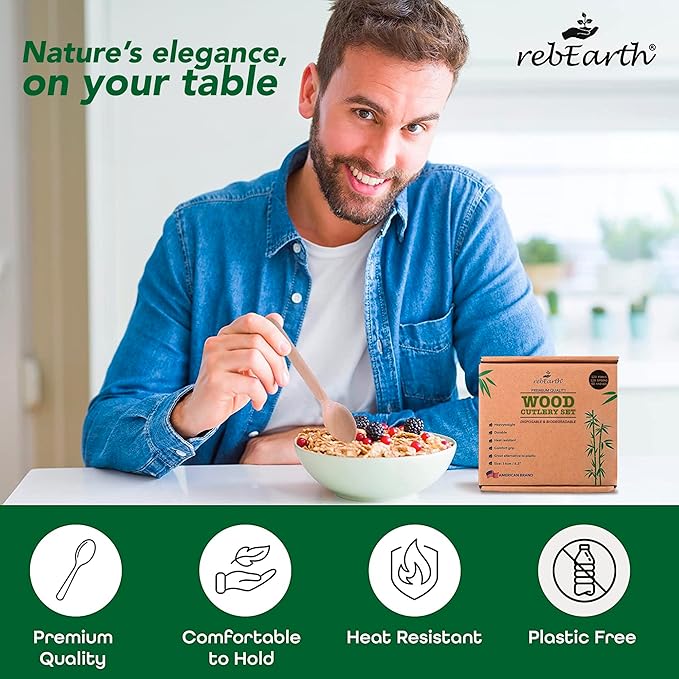 rebEarth 300 PCS disposable 120 Forks 120 Spoons 60 Knives All Natural Eco-Friendly Heavyweight Cutlery Set 6.3" - Durable, Heat Resistant - Perfect Alternative to Plastic for Every Occasion