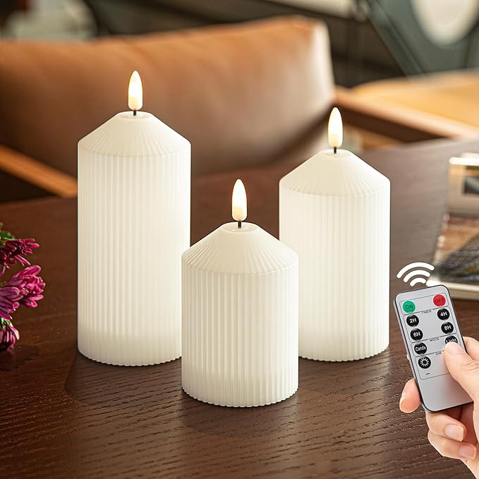 Flameless Candles with Remote, 3 Pack Battery Operated Candles Flickering Real Wax LED Fake Pillar Candles with Timer for Wedding Home Party, White