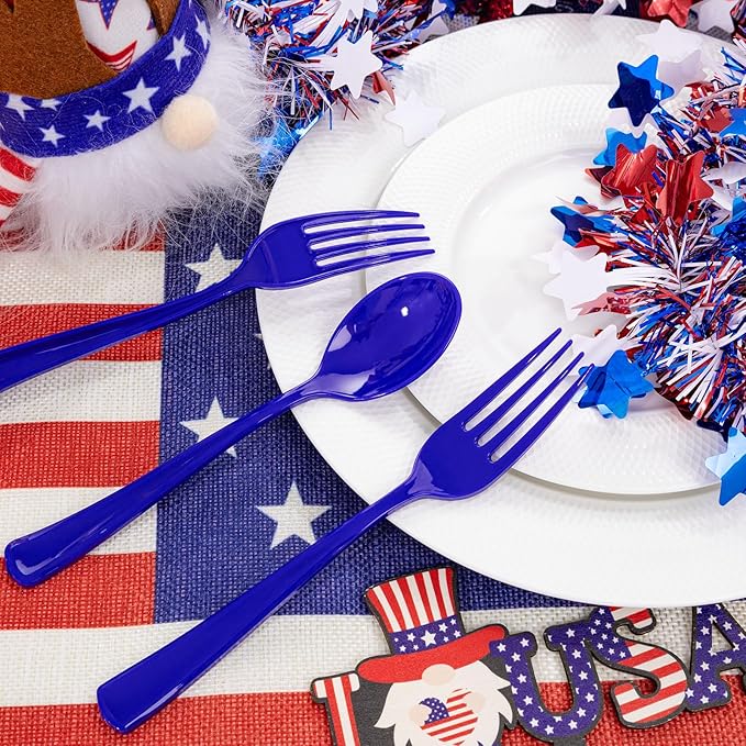 Liacere 100Pack Pre Rolled Blue Silverware and Napkin - Disposable Blue Plastic Utensils-Wrapped Plastic Cutlery Set with Napkin:100 Forks,100 Knives,100 Spoons,100 Napkins for Wedding&New Year