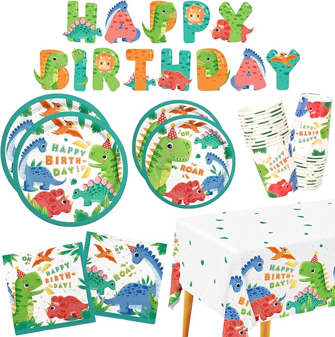 Dinosaur Birthday Party Supplies Disposable Paper Plates Napkins Cups Tablecloth and Banner for Dinosaur Party Decorations Serve 25