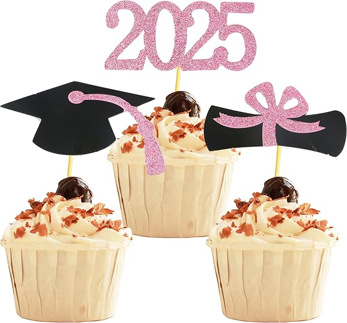 2025 Graduation Cupcake Toppers, 48 PCS Food/Appetizer Picks For Graduation Party Mini Cake Decorations, Diploma, 2025, Grad Cap Set 48 Pieces (06 Pink)