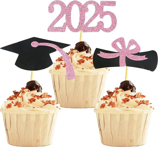 2025 Graduation Cupcake Toppers, 48 PCS Food/Appetizer Picks For Graduation Party Mini Cake Decorations, Diploma, 2025, Grad Cap Set 48 Pieces (06 Pink)