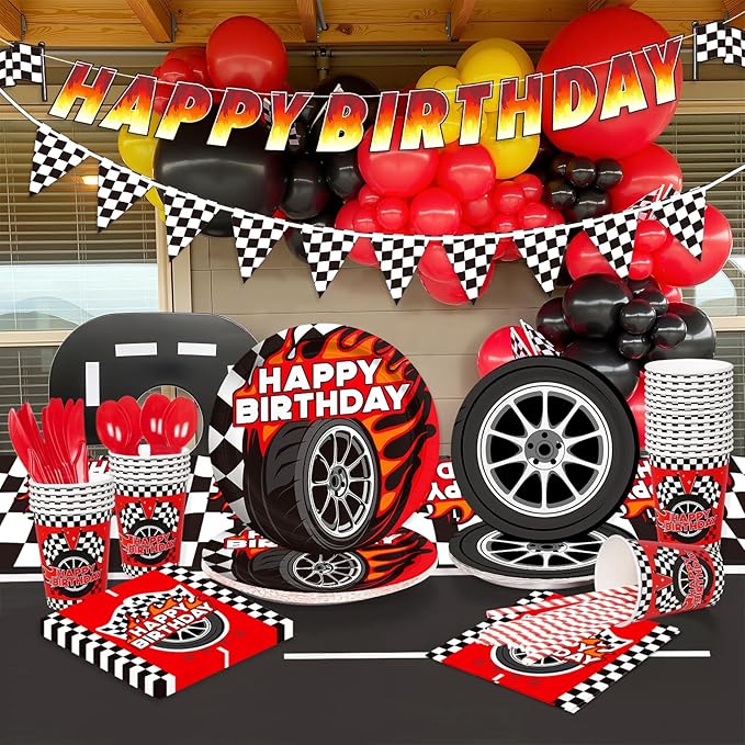 Car Birthday Decorations Kit: Car Theme Party Supplies for 25 - Includes Dinner & Dessert Plates, Napkins, Cups, Banner and Tablecloth for Boys' Racing Car Birthday Party Decorations