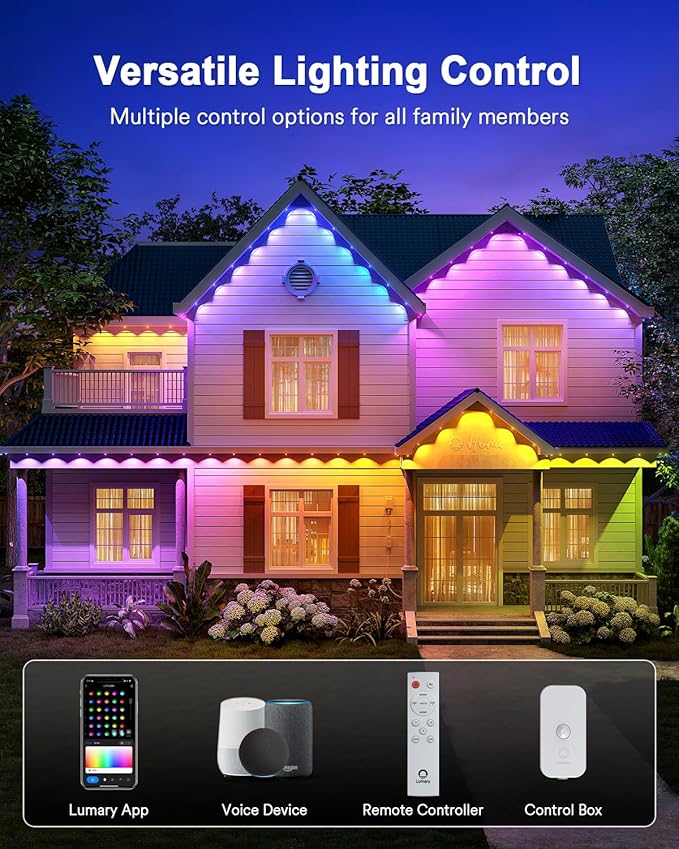 Lumary Permanent Outdoor Lights Max, 105ft with 80 LED Eave Lights 4800LM, RGBAICW Smart Outdoor Lighting IP67 Waterproof, Scene Modes for Daily and Accent Lighting, Works with Alexa/Google Assistant