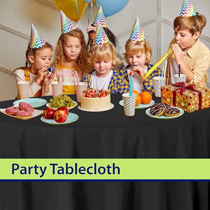 Party Dimensions Black Disposable Plastic Tablecloth for Round Tables (12 Pack) 84 inches Table Cloths for Parties, Events & Weddings, Indoors & Outdoors, Plastic Table Cover